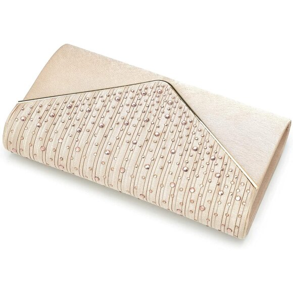 ⚡ Women's Evening Rhinestones Envelope Style Chain Strap Tan Clutch Handbag - Picture 4 of 6